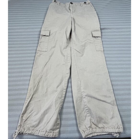Zara Cargo Pants Womens Small Beige Khaki Straight Leg Drawstring Hem Pockets - Picture 1 of 10